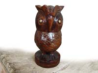 wooden owl, brass inlaid wood owl